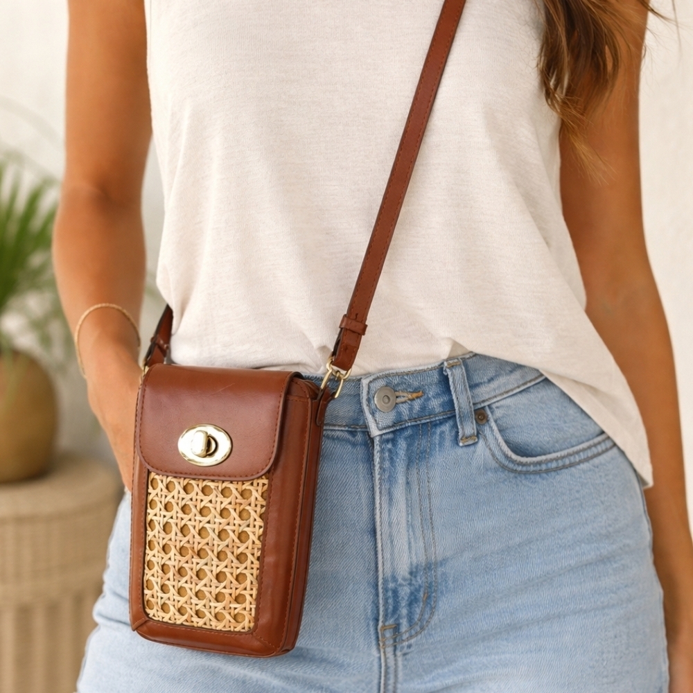 Patricia Nash Woven Rattan Cognac Leather Phone Crossbody Bag Boho Resort Summer - Picture 11 of 11